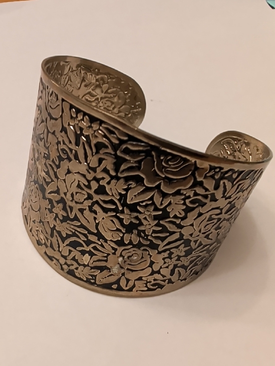 Jewelry - Handcrafted Floral Embossed Wide Cuff Bracelet - Bronze Tone